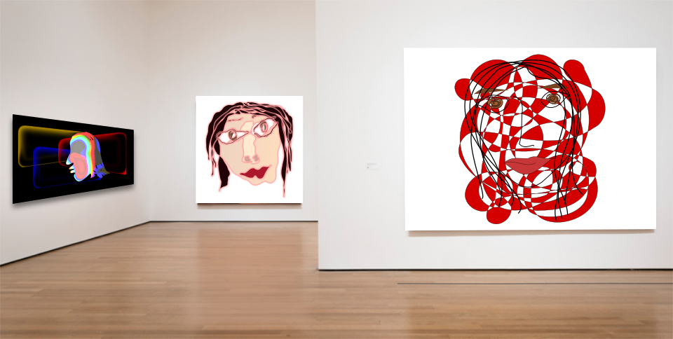 three self portraits on separate gallery walls with reds and black as prominent colors