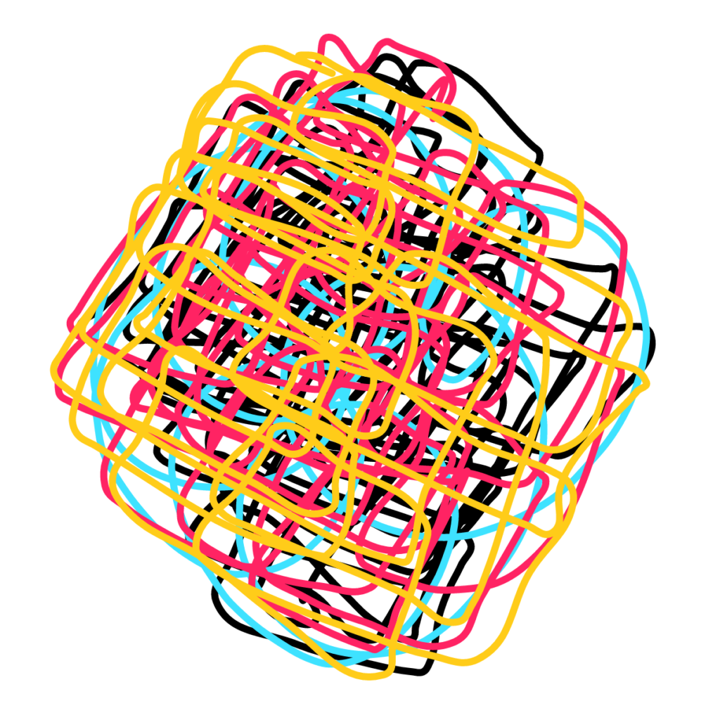 multicolored lines interlooped in a complicated cube-like pattern