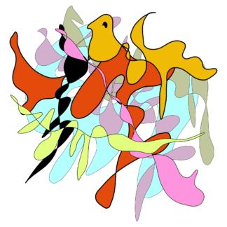Songbird abstract illustration of a yellow finch perched on a branch of a red flower shrub