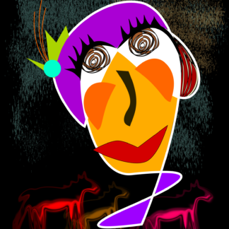 Abstract drawing of a socialite in a feathered fascinator at the horse races in tones of purple, red, yellow and orange on a black background with faded silhouettes of horses at the bottom