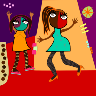 Abstract drawing of two young women dancing in a disco-style club in tones of red, yellow, orange and purple