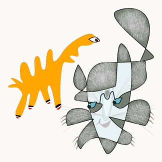 Abstract drawing of a dog meeting a mischievous tabby kitten in tones of light orange and silver gray