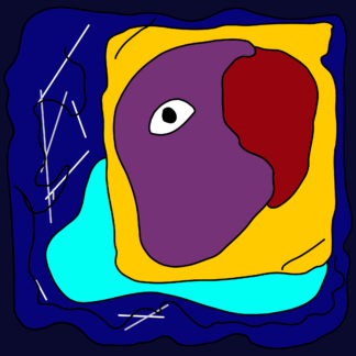 Abstract profile of someone's head on a pillow in the shape of a bird in tones of dark blue, purple red and yellow