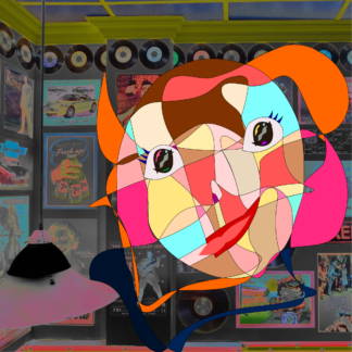 Abstract drawing of a woman's face hovering over a table at the 50's style diner with pop celebrity posters in the background