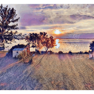 sunset over a lake with trees and cottage